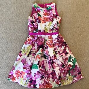 Eliza J Floral Print Belted Faille Fit & Flare 0P